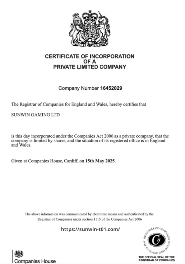 Sunwin - Giấy chứng Sunwin của The Companies House