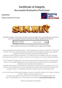 Sunwin - giấy chứng nhận của gaming labs update 2026